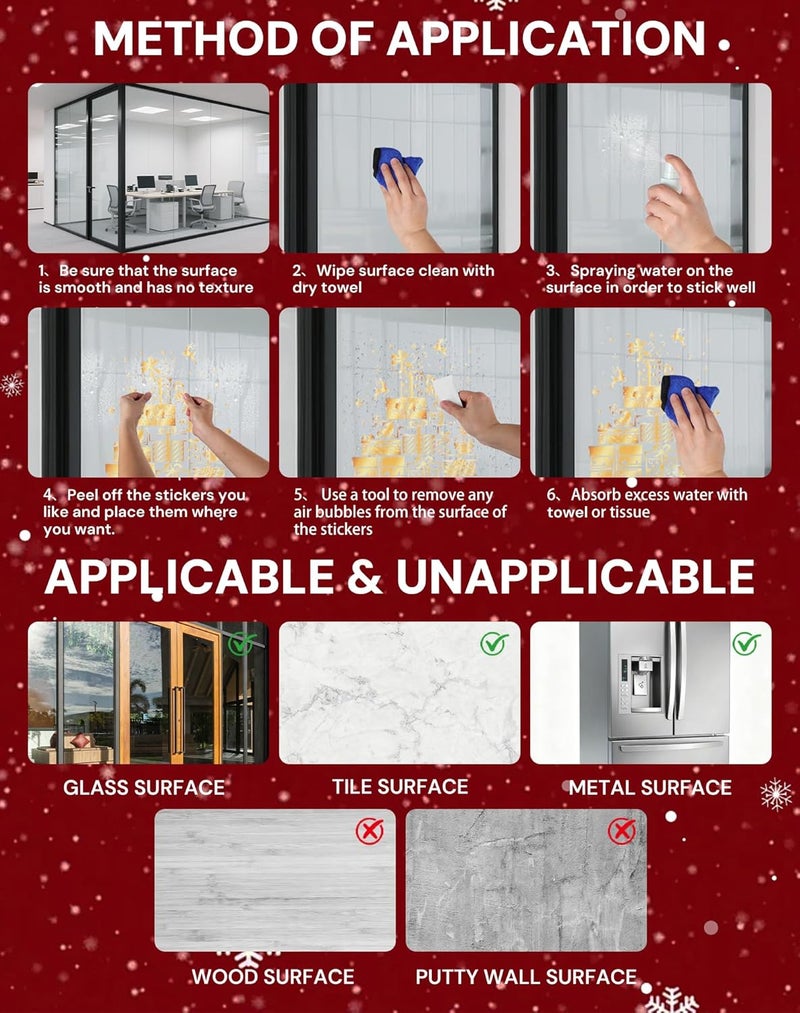 Nullyda Christmas Tree Window Clings for Glass, 19.69 * 15.75 Inch Large Golden Snowflake & Tree Decals, Removable Sticker for Glass Wall Mural Door Showcase DIY Christmas Decor - 2 Pack (Style B) - Image 5